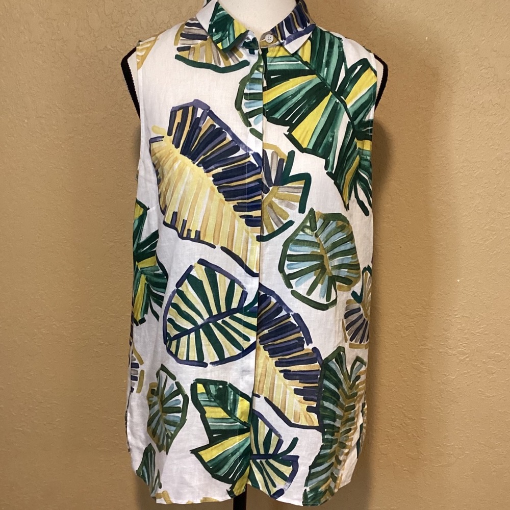 Layfayette 148 Cream/Green/Yellow Sleeveless Palm shirt, Size Small, 100% Linen‎